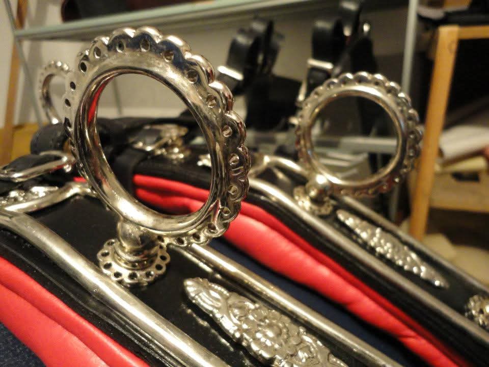 Leather horse bridle on stable wall